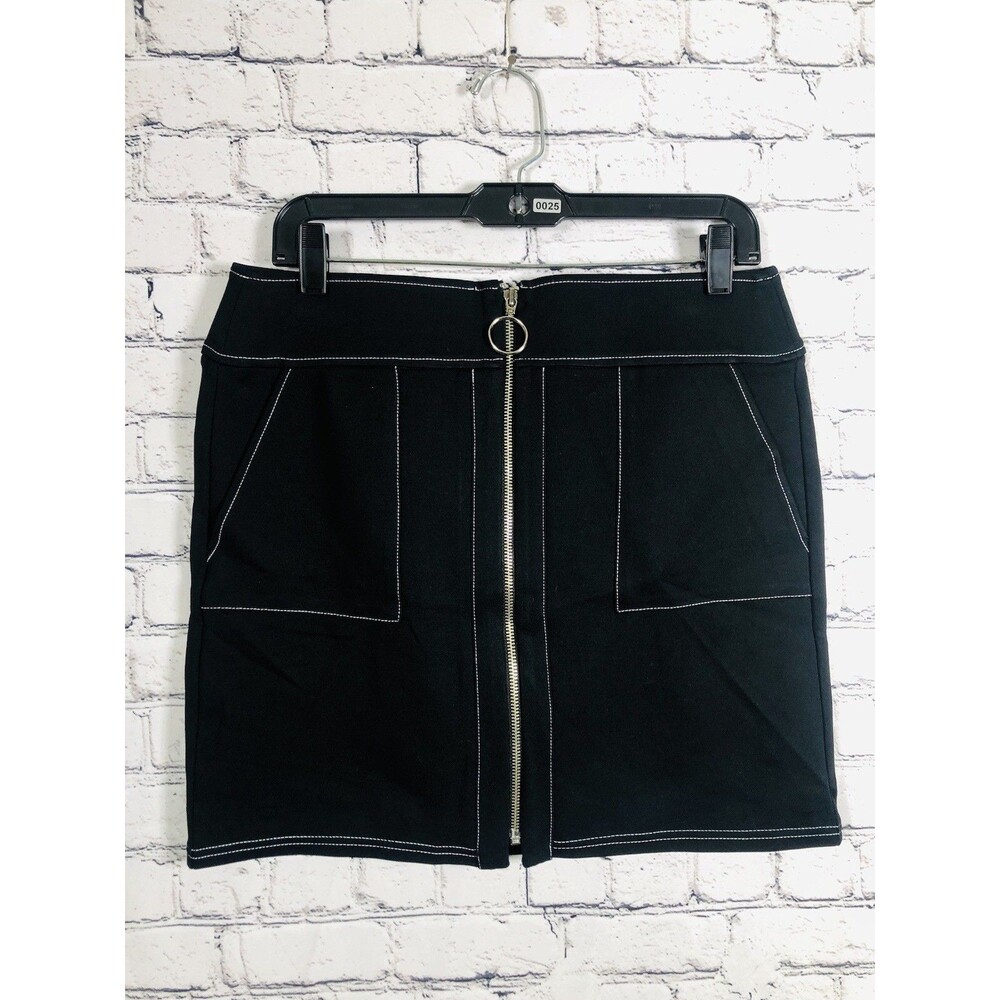 INC International Concepts Women Mini Skirt‎ Zip Front Contrast Stitch Black PM